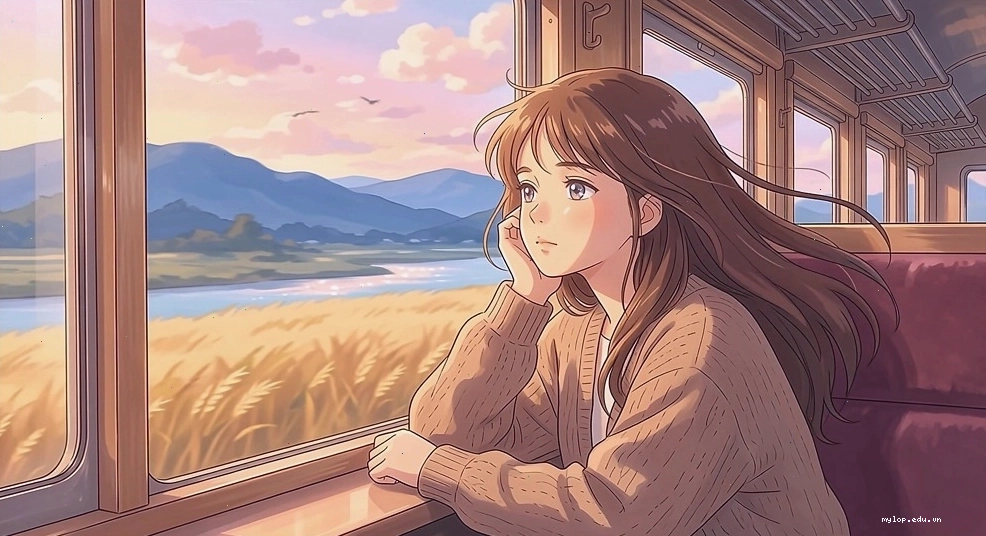Cảnh nhìn ra ngoài cửa sổ tàu hỏa đang chạy, với phong cảnh anime lướt qua